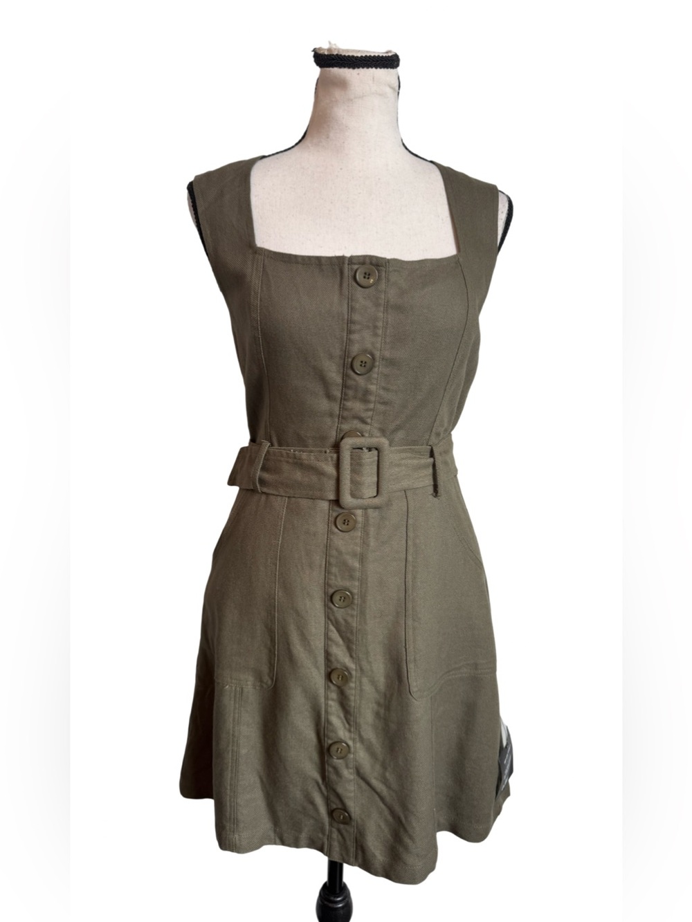 Lulus NWT Olive Green Linen Blend Belted Button Front Mini Dress Small